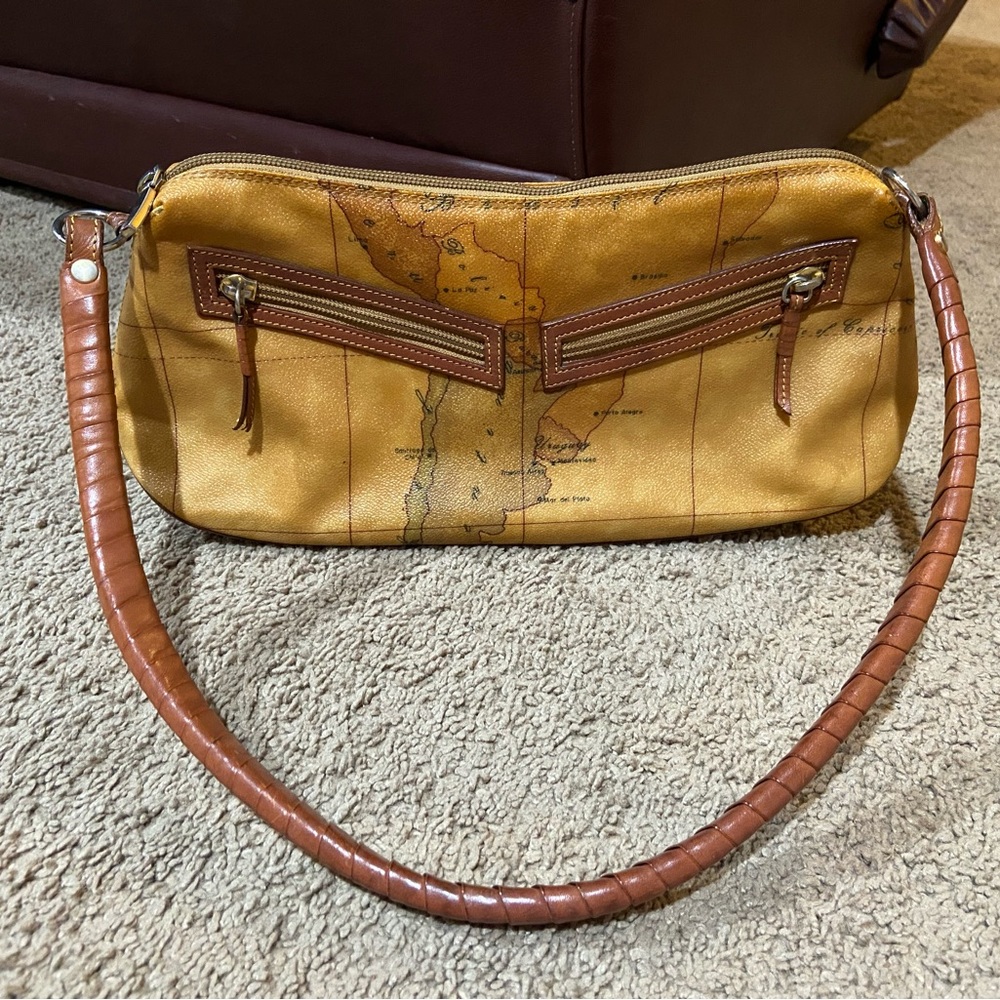 ALVIERO MARTINI 1A CLASSE GEO WORLD MAP Shoulder Bag Leather Wrapped Strap ITALY